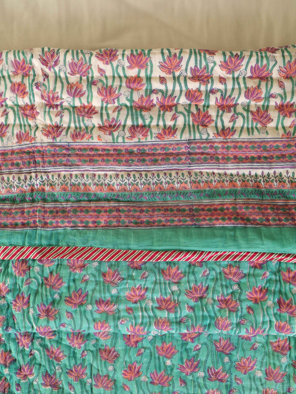 EMERALD GREEN GARDEN HAND BLOCK PRINT REVERSIBLE COTTON QUILT/RAZAI