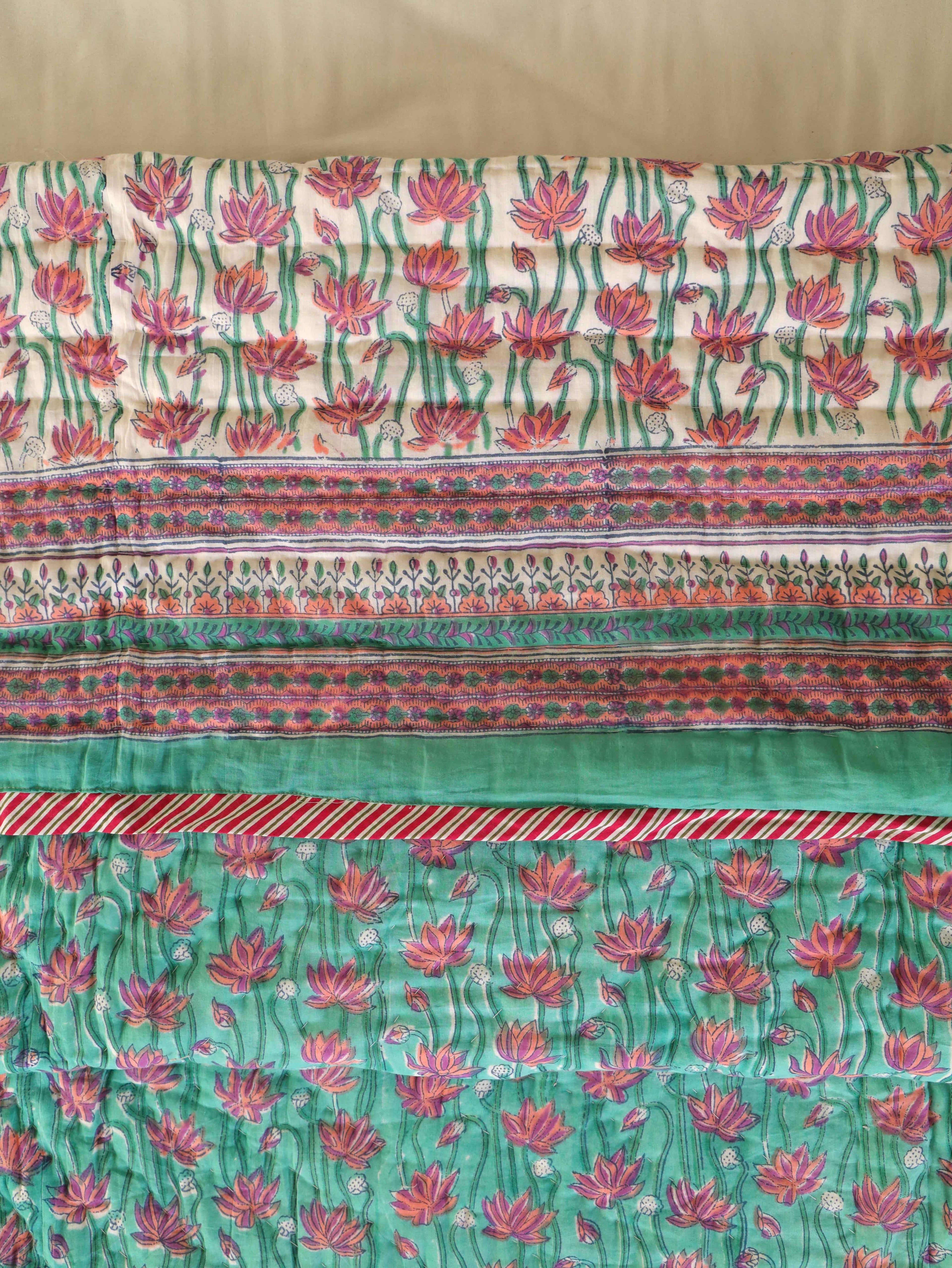 EMERALD GREEN GARDEN HAND BLOCK PRINT REVERSIBLE COTTON QUILT/RAZAI