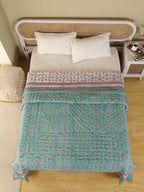 EMERALD GREEN GARDEN HAND BLOCK PRINT REVERSIBLE COTTON QUILT/RAZAI