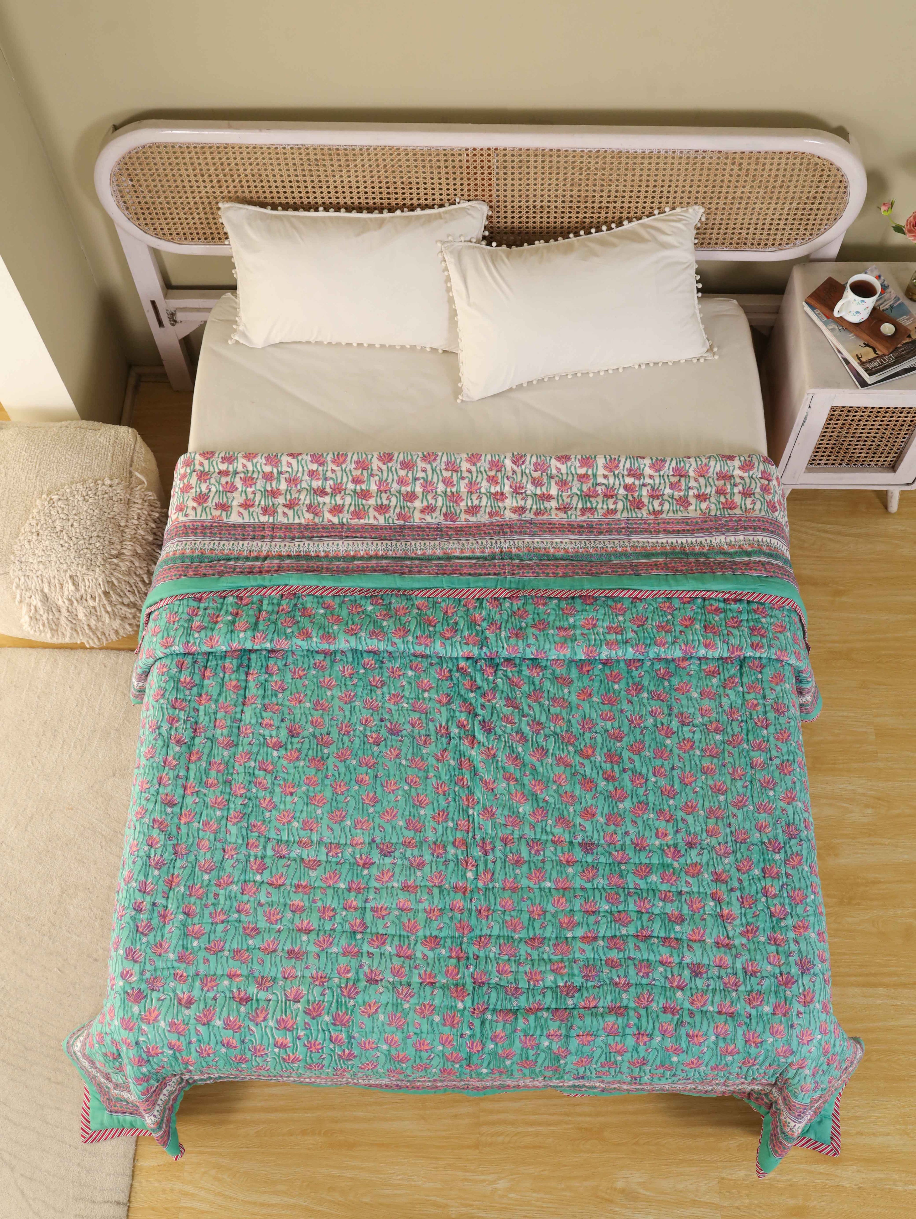 EMERALD GREEN GARDEN HAND BLOCK PRINT REVERSIBLE COTTON QUILT/RAZAI