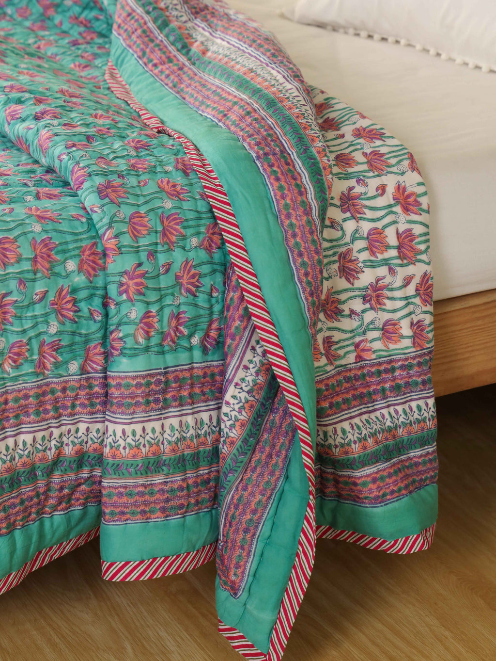 EMERALD GREEN GARDEN HAND BLOCK PRINT REVERSIBLE COTTON QUILT/RAZAI