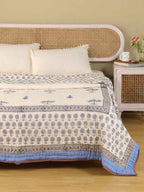 OCEAN BLUE PALM TREE HAND BLOCK PRINT REVERSIBLE COTTON QUILT/RAZAI