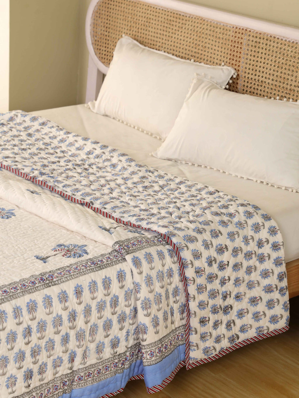 OCEAN BLUE PALM TREE HAND BLOCK PRINT REVERSIBLE COTTON QUILT/RAZAI