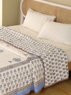 OCEAN BLUE PALM TREE HAND BLOCK PRINT REVERSIBLE COTTON QUILT/RAZAI