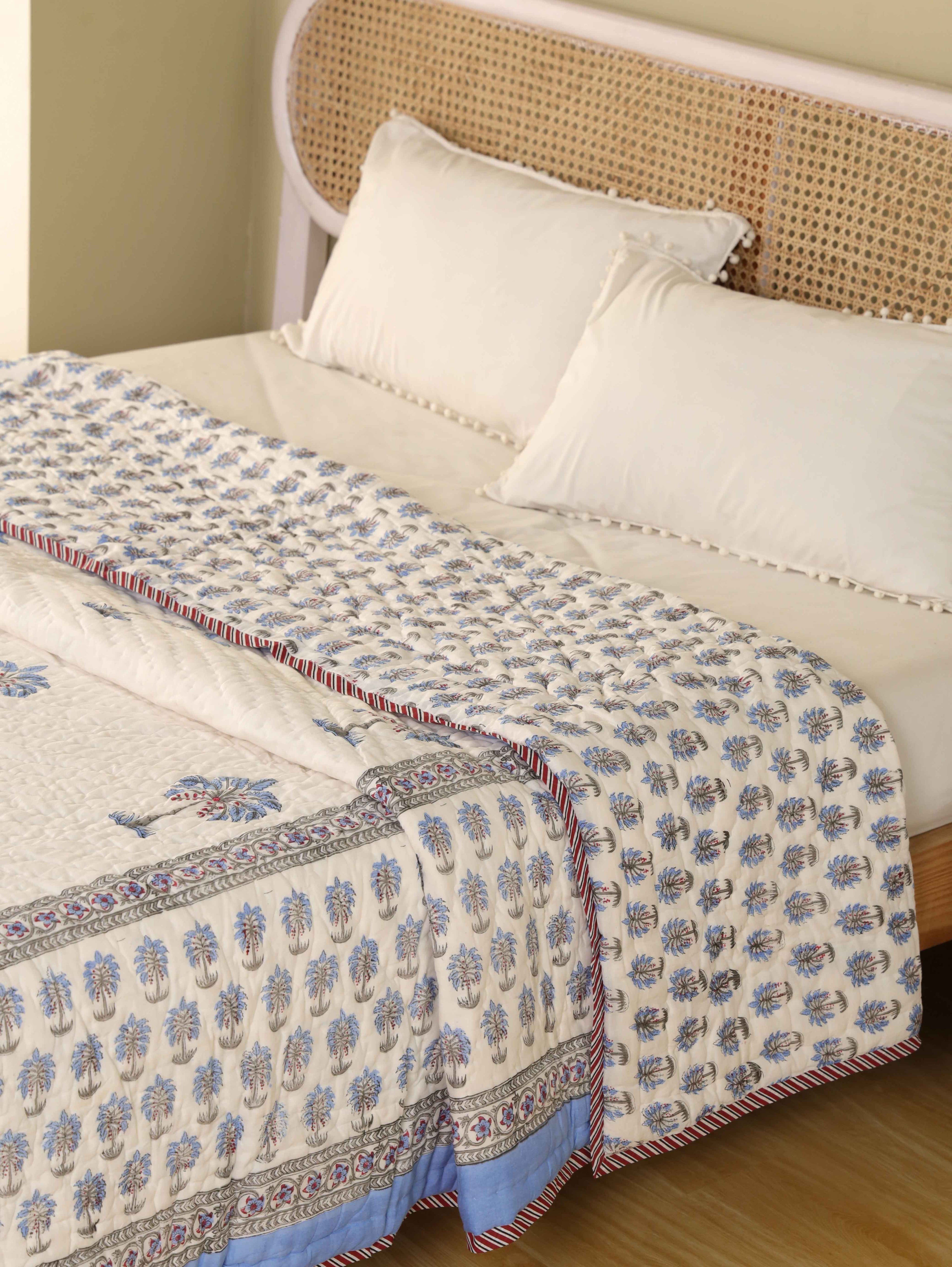 OCEAN BLUE PALM TREE HAND BLOCK PRINT REVERSIBLE COTTON QUILT/RAZAI
