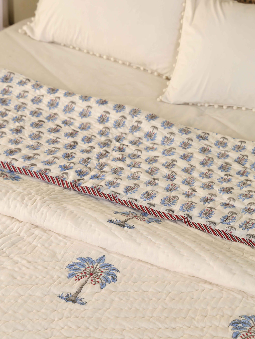OCEAN BLUE PALM TREE HAND BLOCK PRINT REVERSIBLE COTTON QUILT/RAZAI