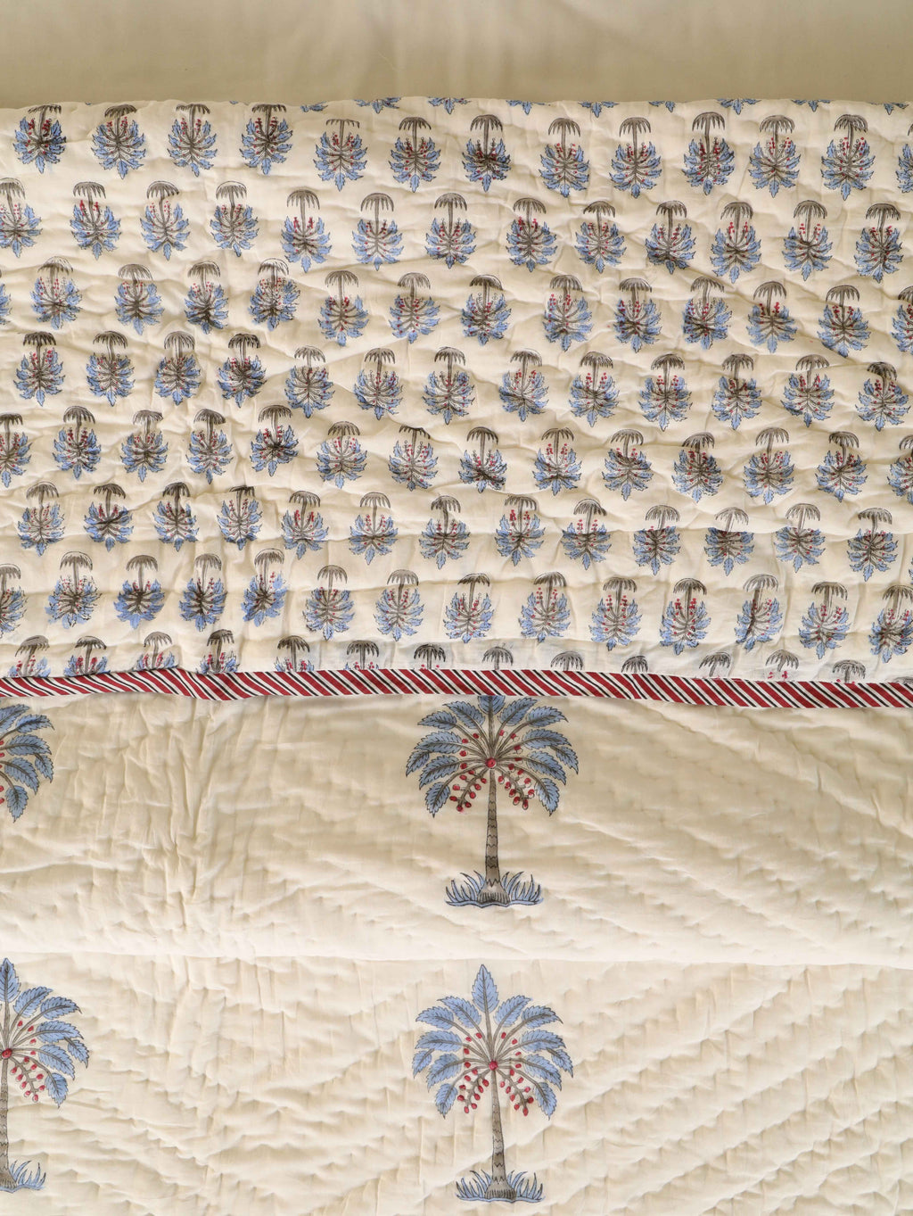 OCEAN BLUE PALM TREE HAND BLOCK PRINT REVERSIBLE COTTON QUILT/RAZAI