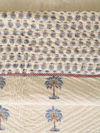 OCEAN BLUE PALM TREE HAND BLOCK PRINT REVERSIBLE COTTON QUILT/RAZAI