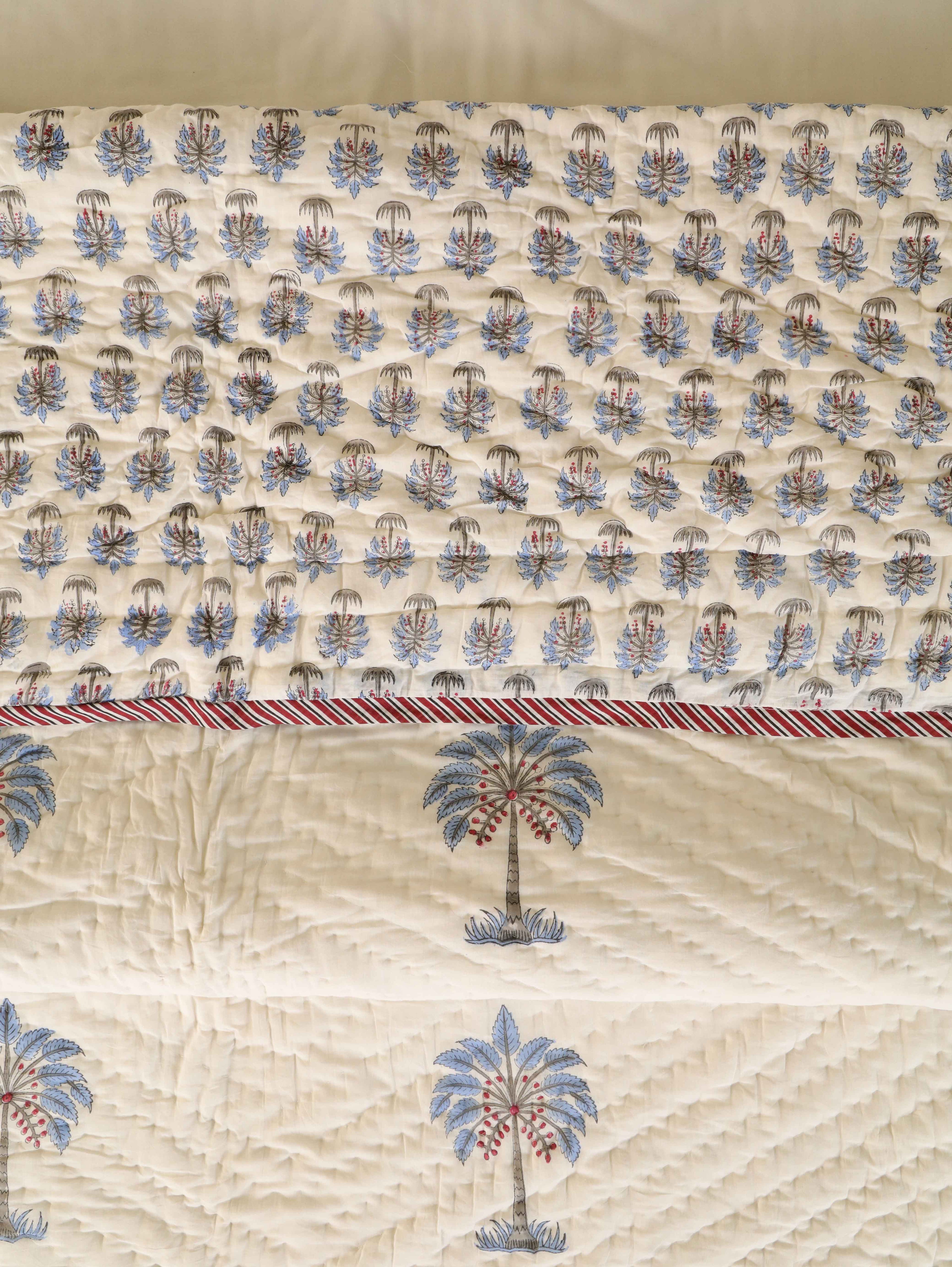 OCEAN BLUE PALM TREE HAND BLOCK PRINT REVERSIBLE COTTON QUILT/RAZAI