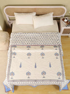 OCEAN BLUE PALM TREE HAND BLOCK PRINT REVERSIBLE COTTON QUILT/RAZAI