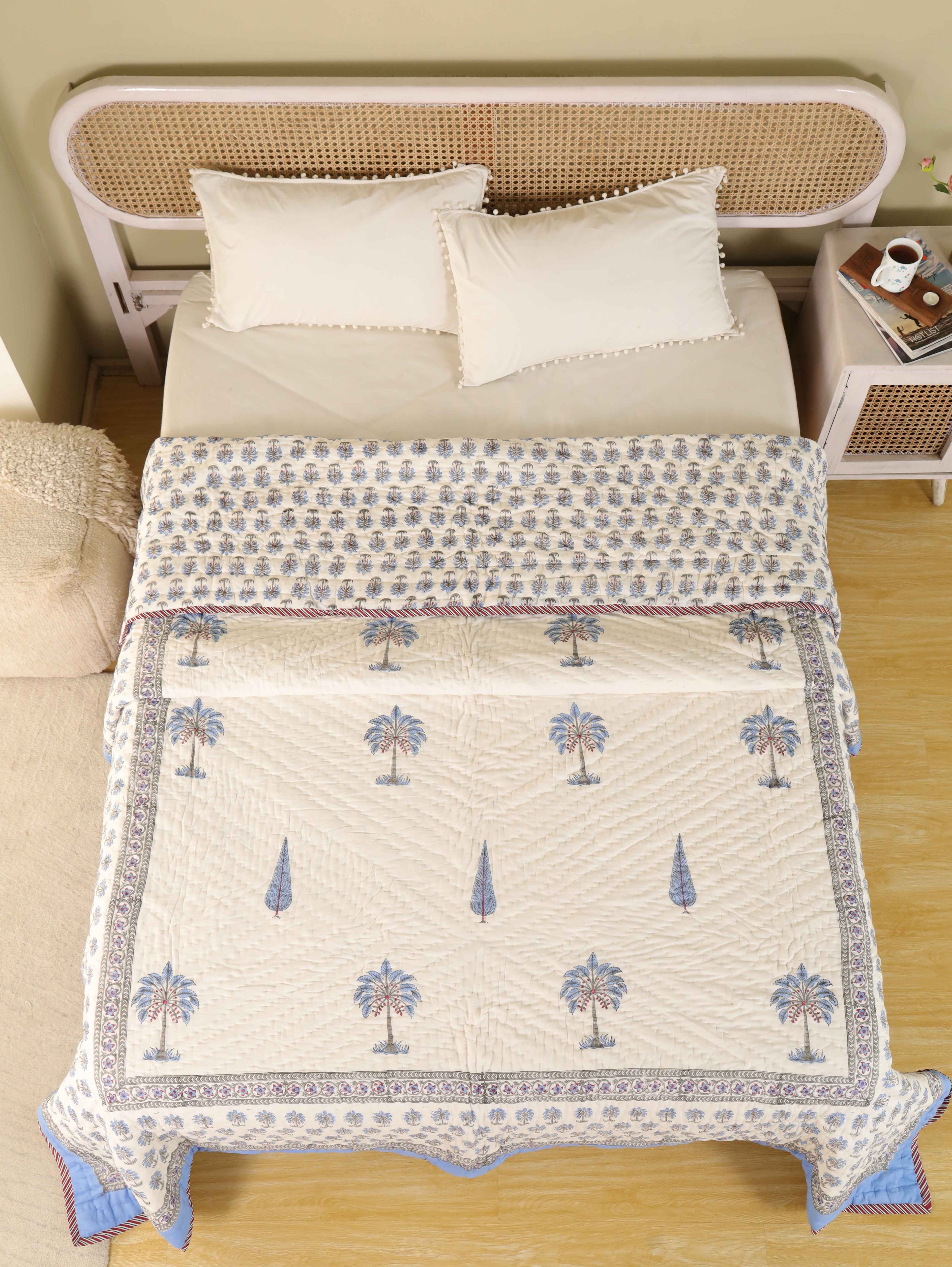 OCEAN BLUE PALM TREE HAND BLOCK PRINT REVERSIBLE COTTON QUILT/RAZAI