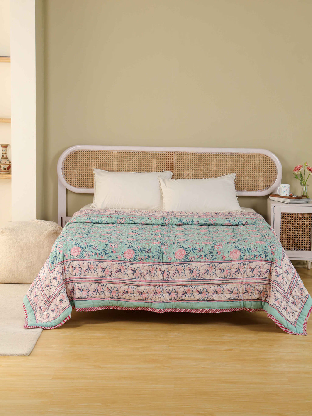 ENGLISH GREEN FOREST HAND BLOCK PRINT REVERSIBLE COTTON QUILT/RAZAI