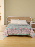ENGLISH GREEN FOREST HAND BLOCK PRINT REVERSIBLE COTTON QUILT/RAZAI