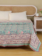 ENGLISH GREEN FOREST HAND BLOCK PRINT REVERSIBLE COTTON QUILT/RAZAI