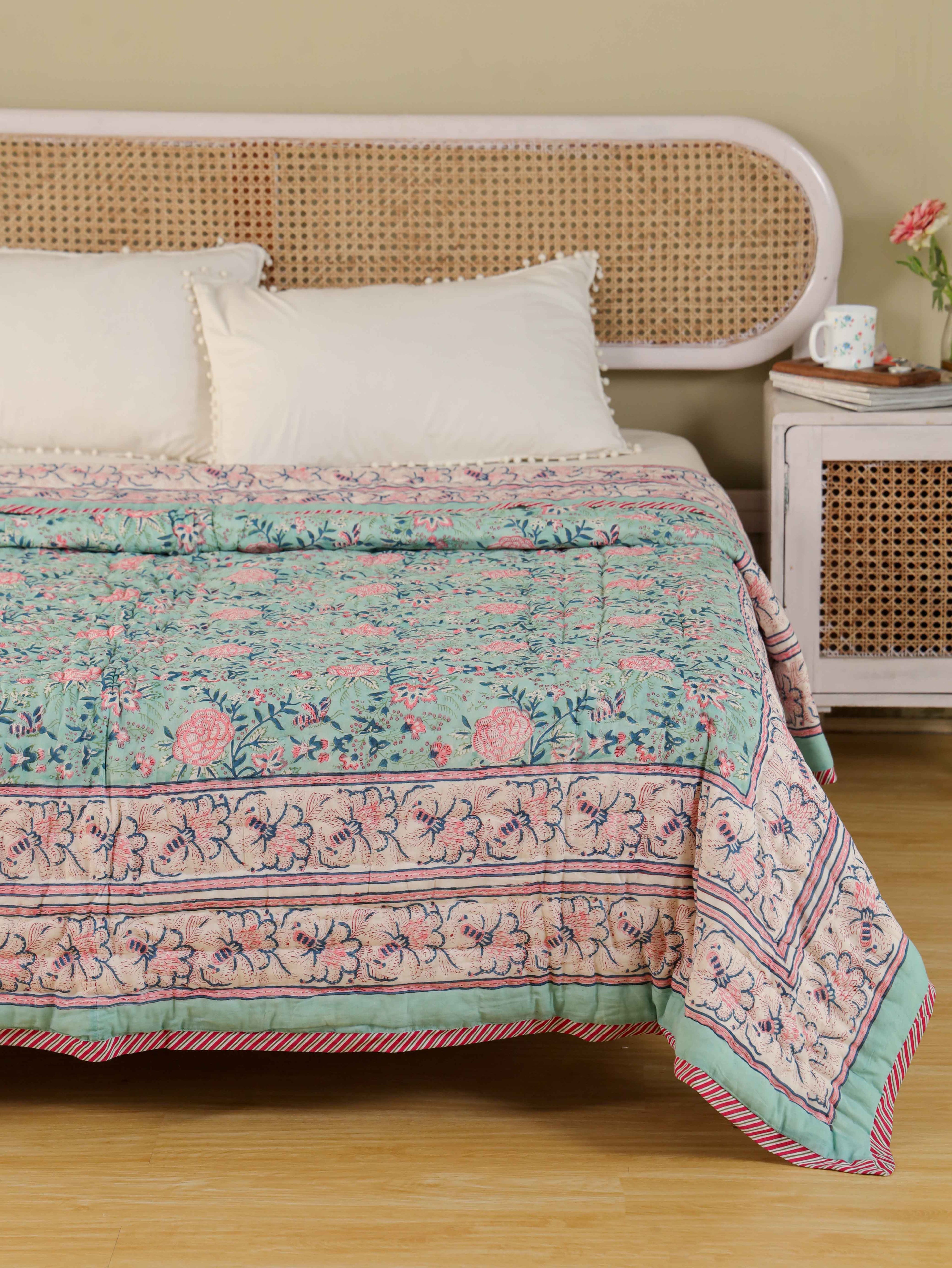 ENGLISH GREEN FOREST HAND BLOCK PRINT REVERSIBLE COTTON QUILT/RAZAI