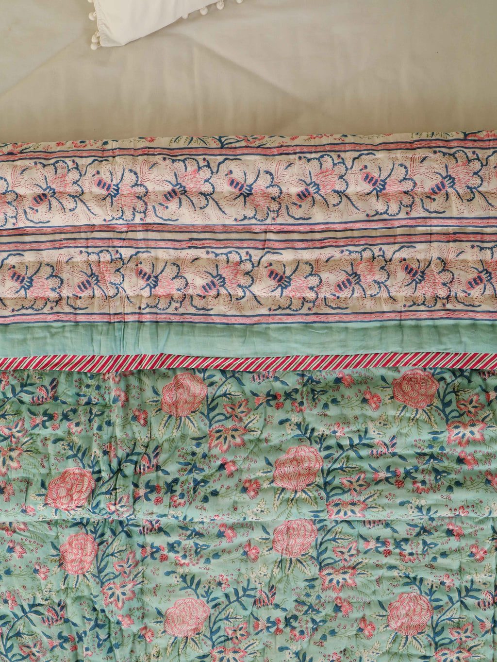ENGLISH GREEN FOREST HAND BLOCK PRINT REVERSIBLE COTTON QUILT/RAZAI