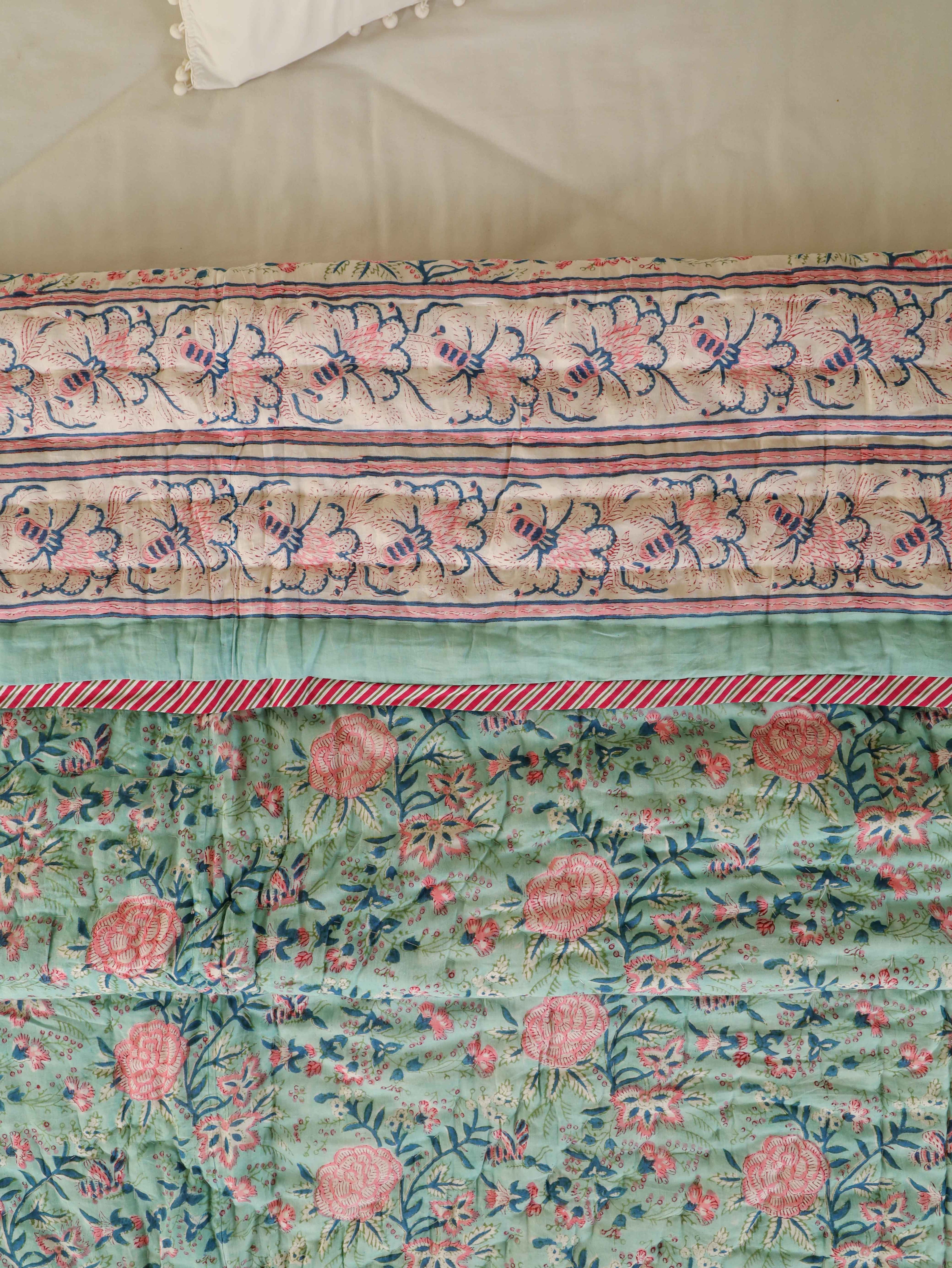 ENGLISH GREEN FOREST HAND BLOCK PRINT REVERSIBLE COTTON QUILT/RAZAI