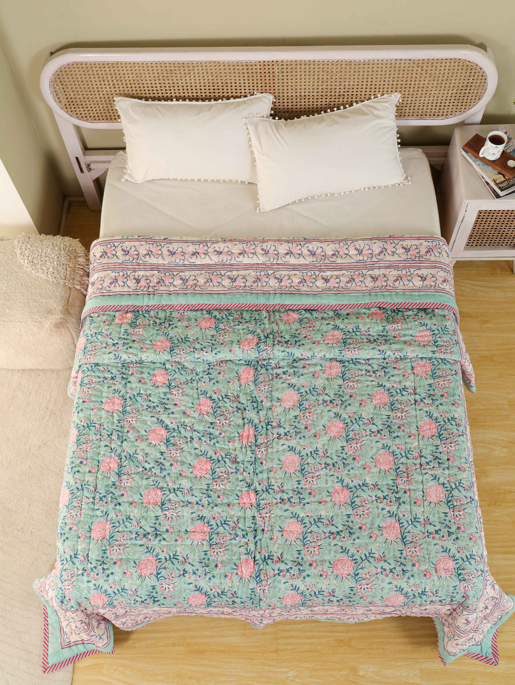 ENGLISH GREEN FOREST HAND BLOCK PRINT REVERSIBLE COTTON QUILT/RAZAI