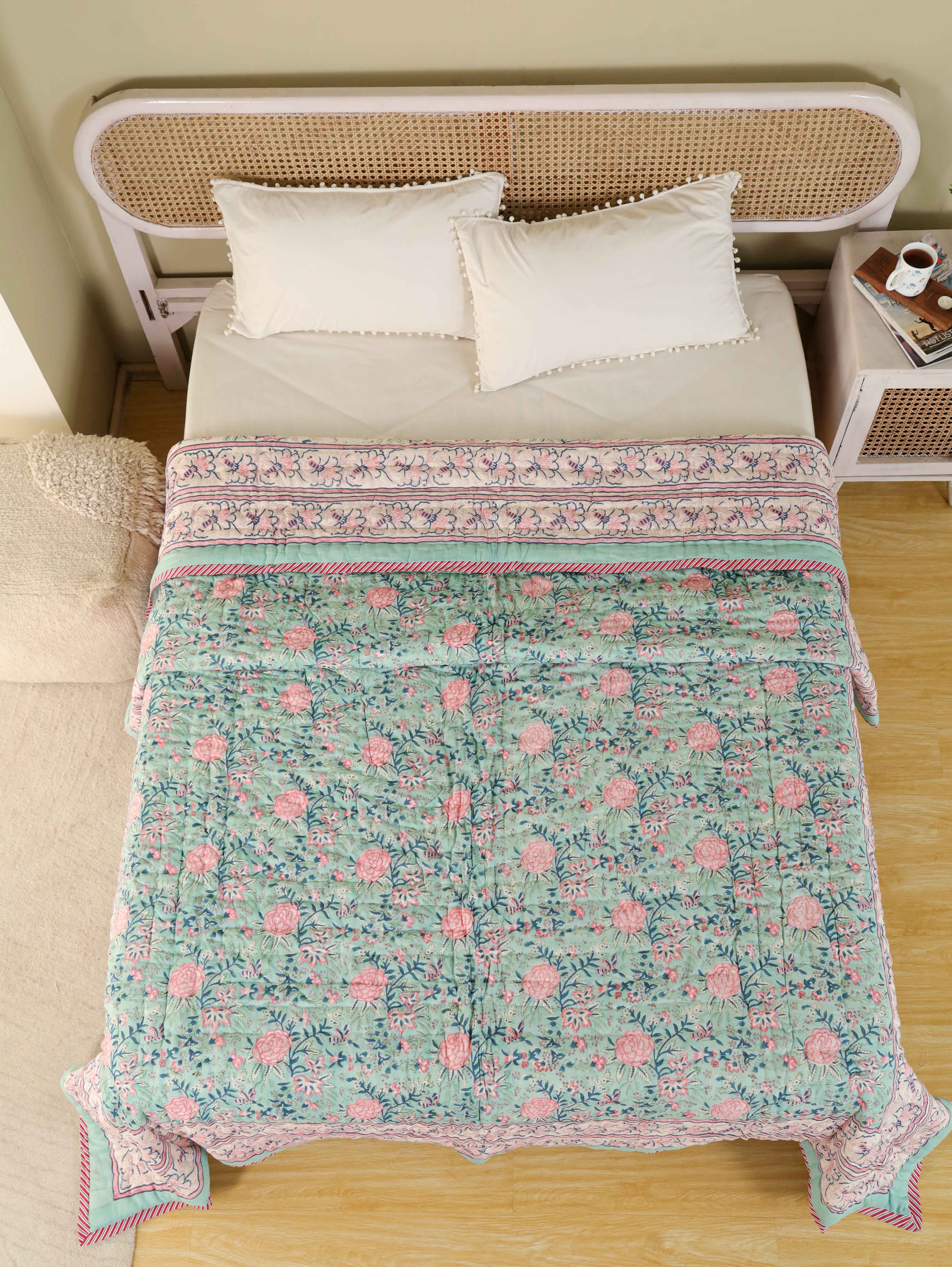 ENGLISH GREEN FOREST HAND BLOCK PRINT REVERSIBLE COTTON QUILT/RAZAI