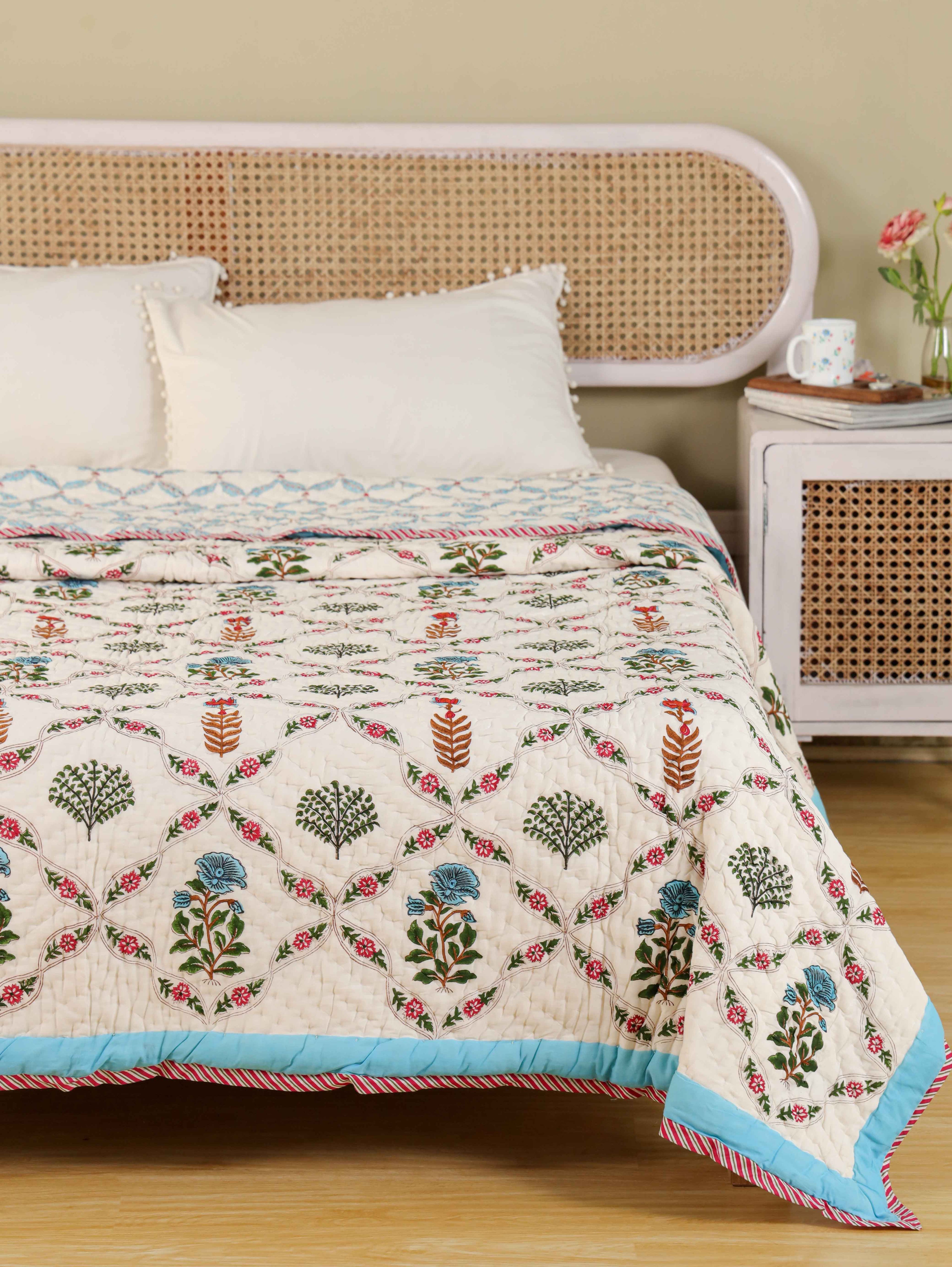 TRADITIONAL GULMOHAR HAND BLOCK PRINT REVERSIBLE COTTON QUILT/RAZAI