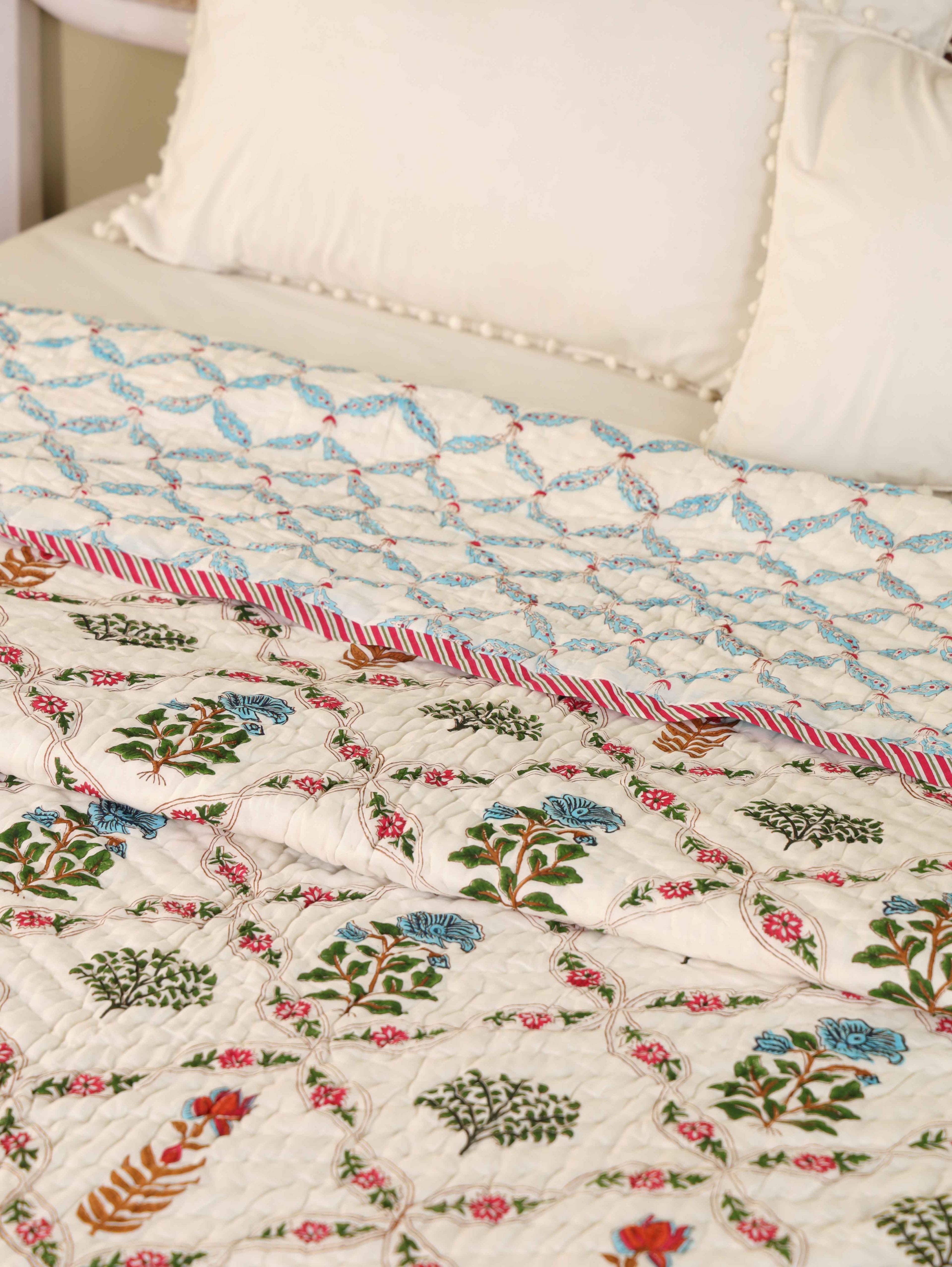 TRADITIONAL GULMOHAR HAND BLOCK PRINT REVERSIBLE COTTON QUILT/RAZAI
