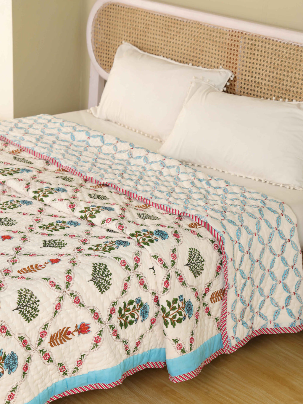 TRADITIONAL GULMOHAR HAND BLOCK PRINT REVERSIBLE COTTON QUILT/RAZAI