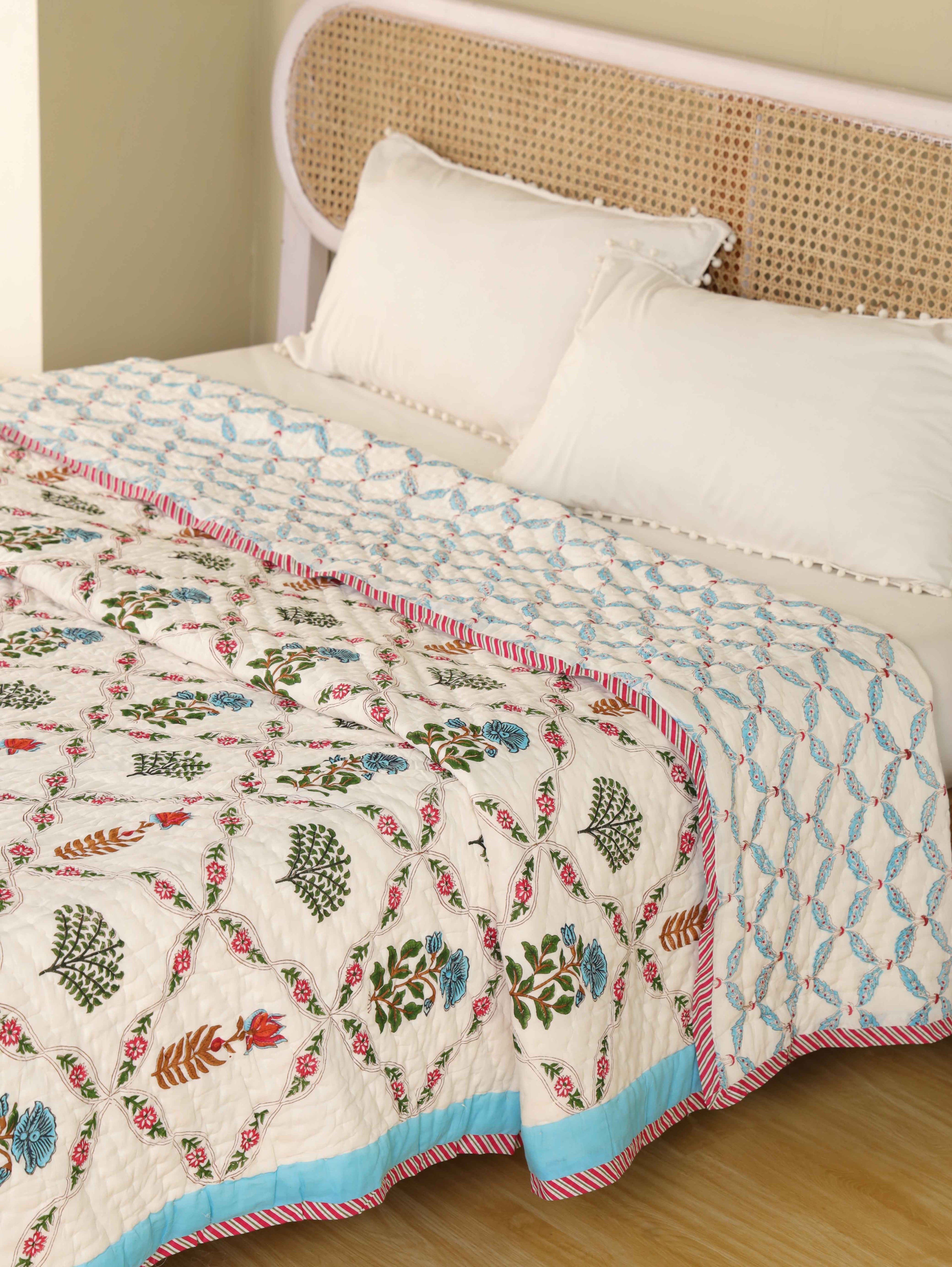 TRADITIONAL GULMOHAR HAND BLOCK PRINT REVERSIBLE COTTON QUILT/RAZAI