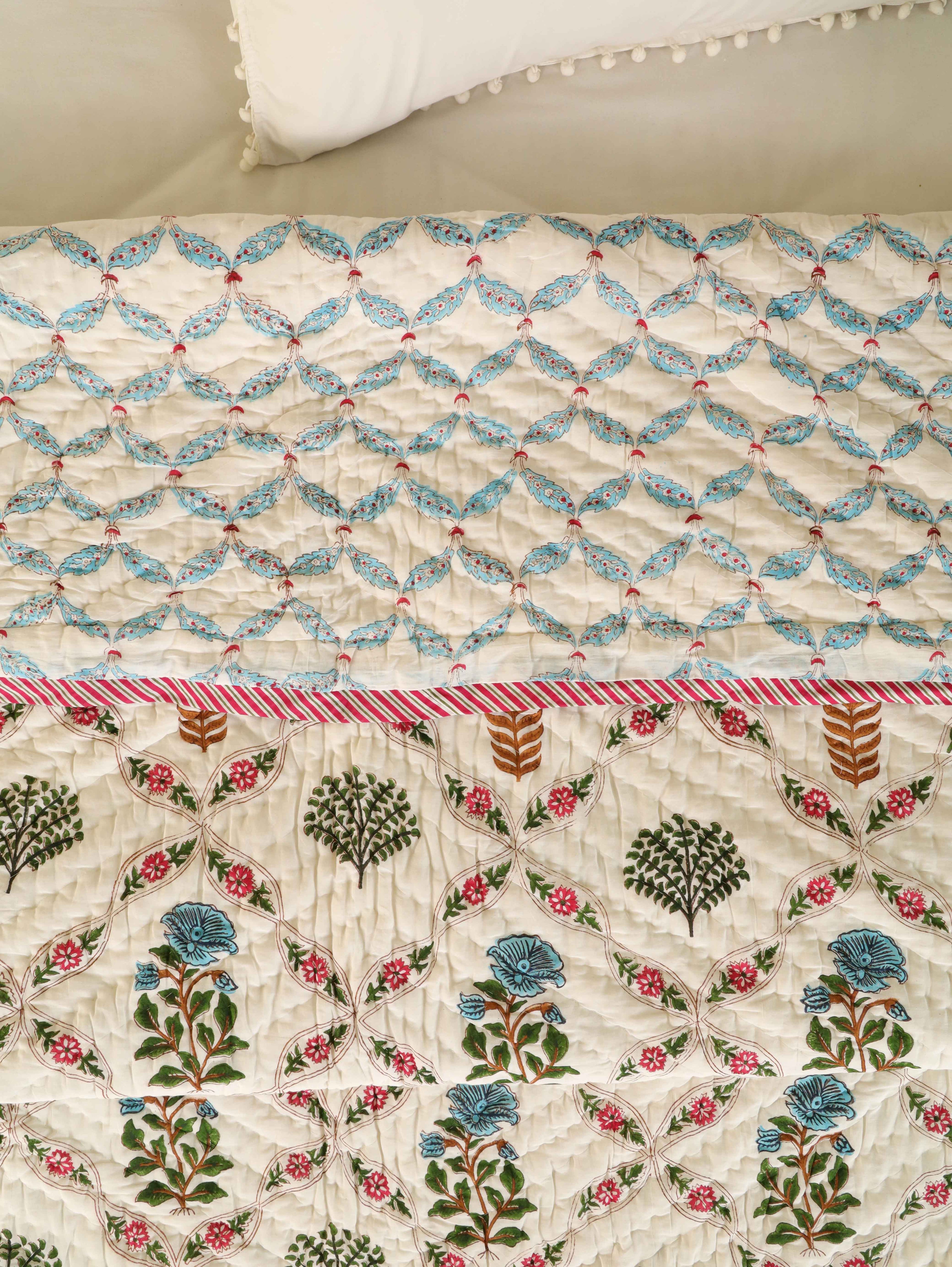 TRADITIONAL GULMOHAR HAND BLOCK PRINT REVERSIBLE COTTON QUILT/RAZAI