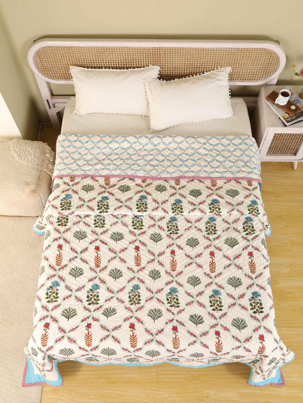 TRADITIONAL GULMOHAR HAND BLOCK PRINT REVERSIBLE COTTON QUILT/RAZAI