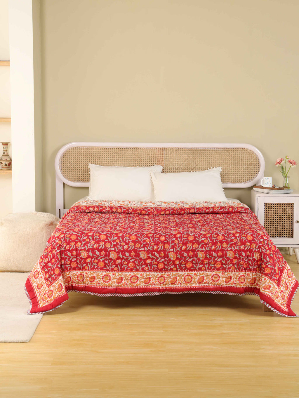TIMELESS RED KRIPAL JAAL HAND BLOCK PRINT REVERSIBLE COTTON QUILT/RAZAI