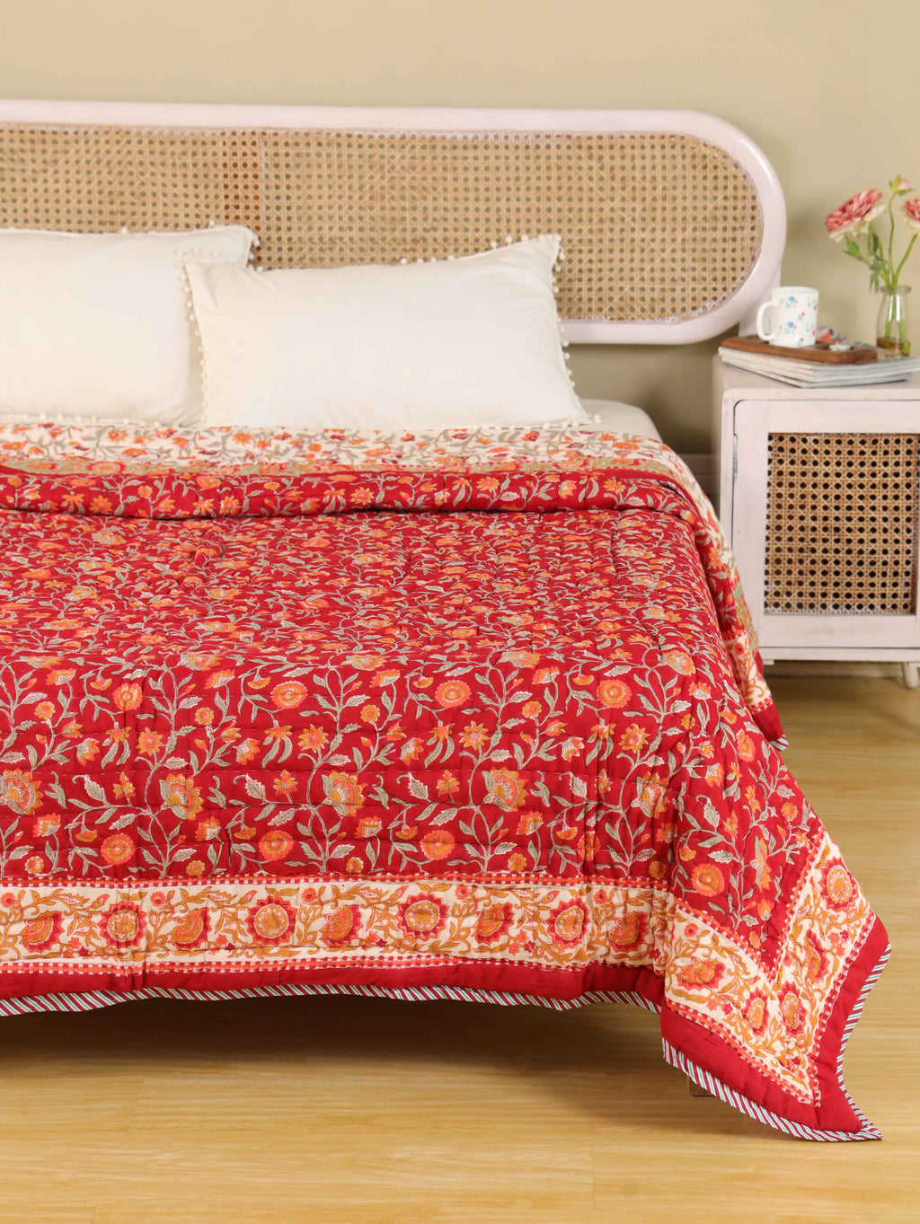 TIMELESS RED KRIPAL JAAL HAND BLOCK PRINT REVERSIBLE COTTON QUILT/RAZAI