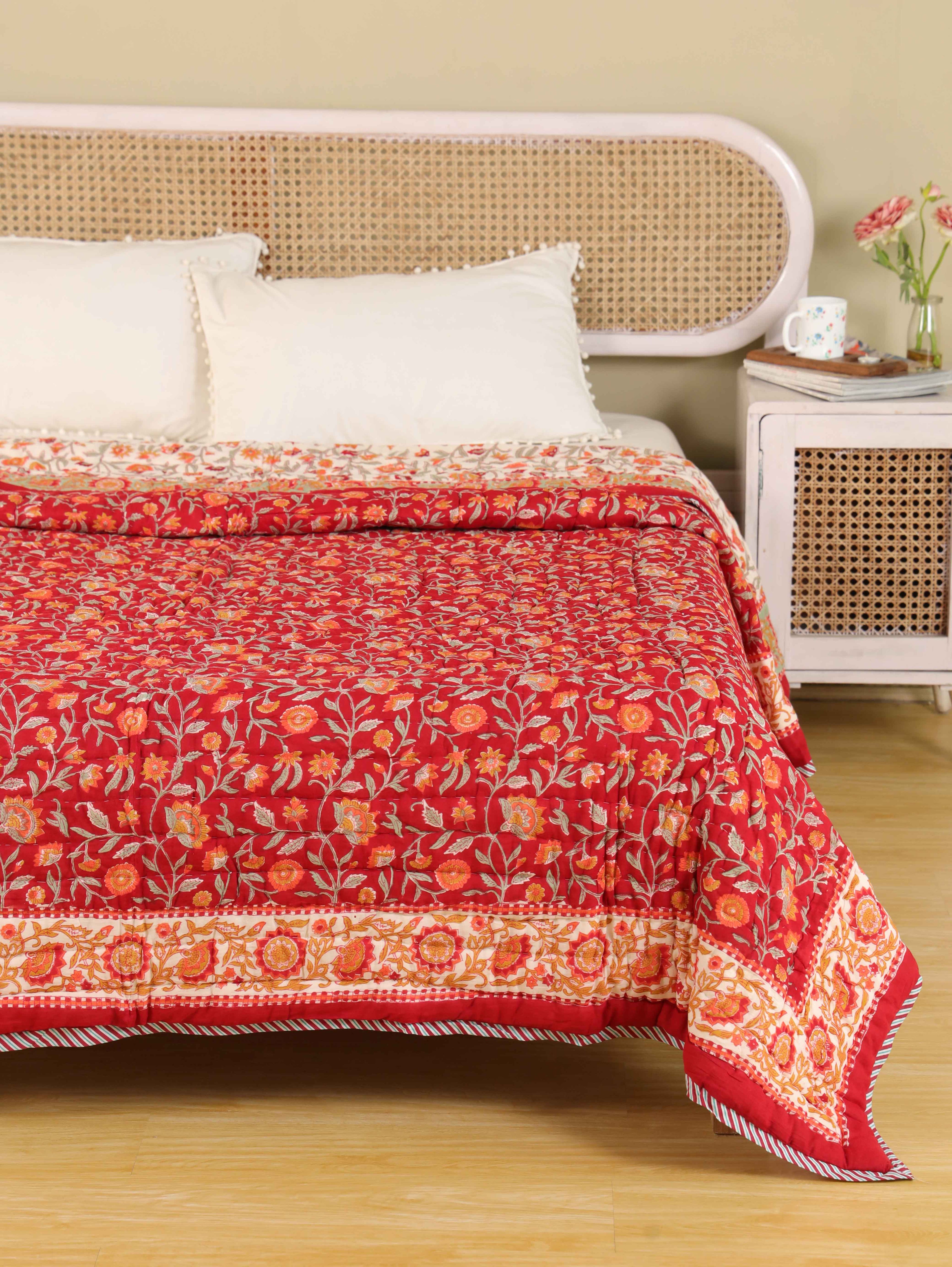 TIMELESS RED KRIPAL JAAL HAND BLOCK PRINT REVERSIBLE COTTON QUILT/RAZAI
