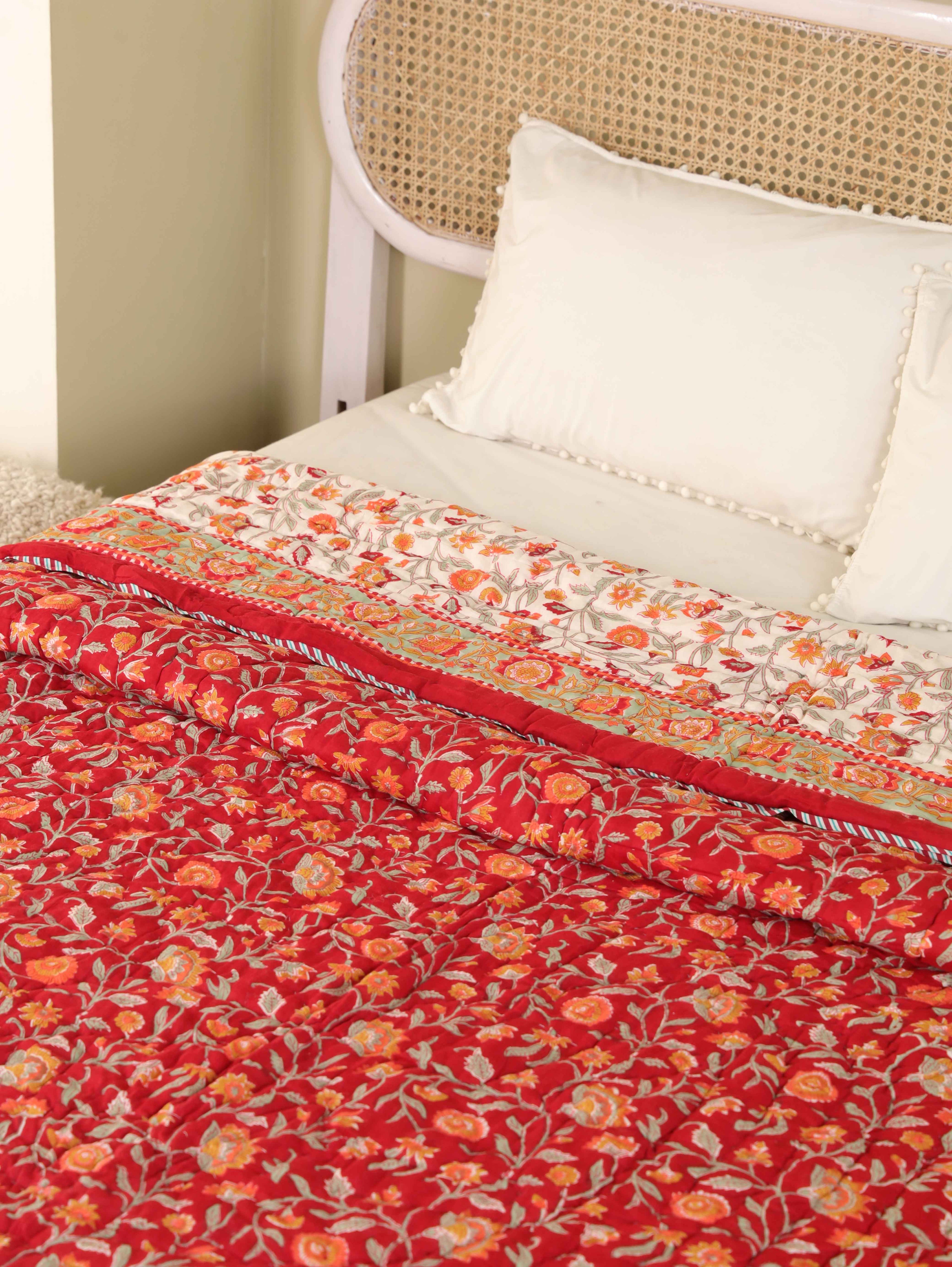 TIMELESS RED KRIPAL JAAL HAND BLOCK PRINT REVERSIBLE COTTON QUILT/RAZAI