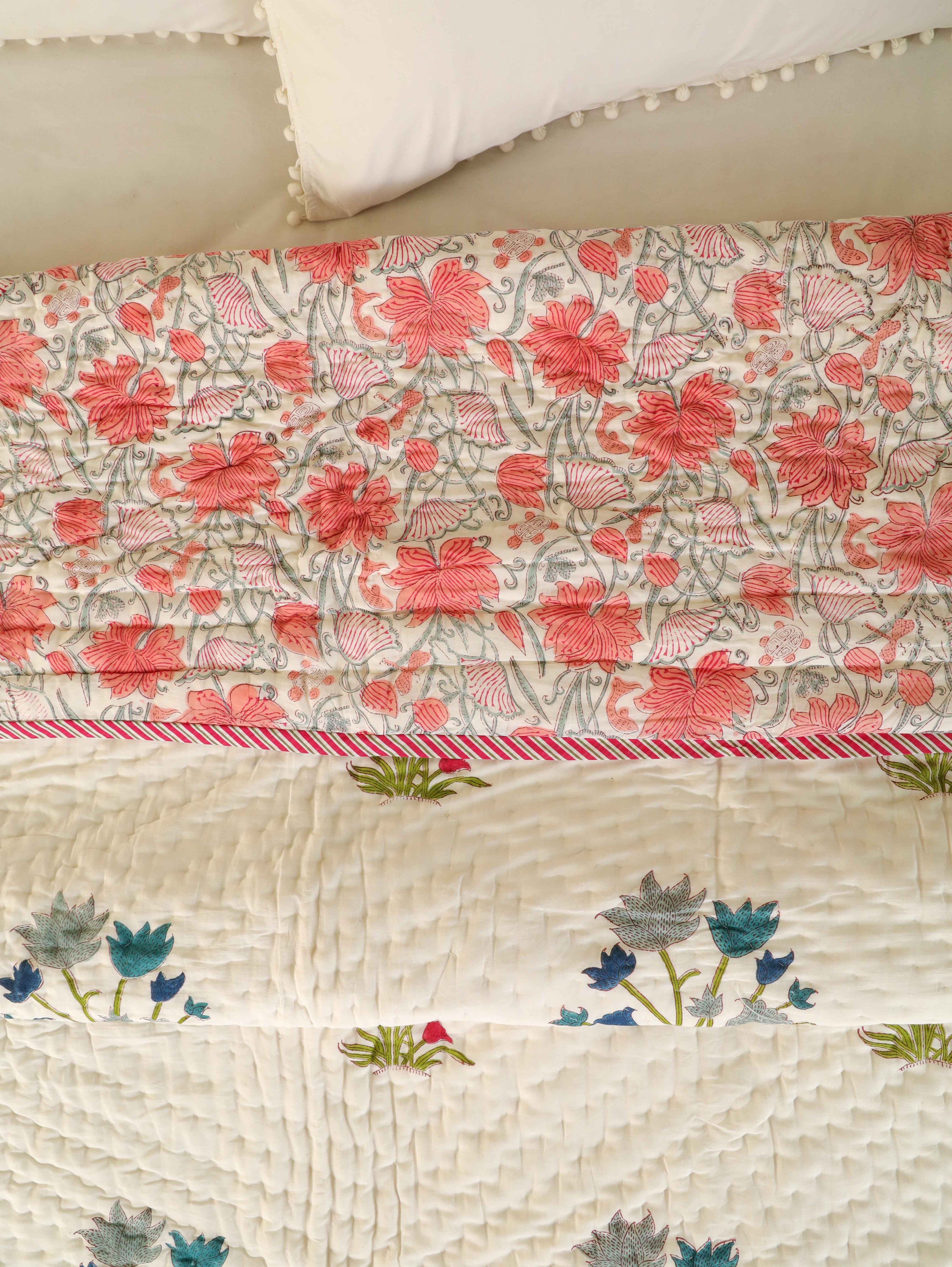 ROYAL MUGAL MOTIF HAND BLOCK PRINT REVERSIBLE COTTON QUILT/RAZAI