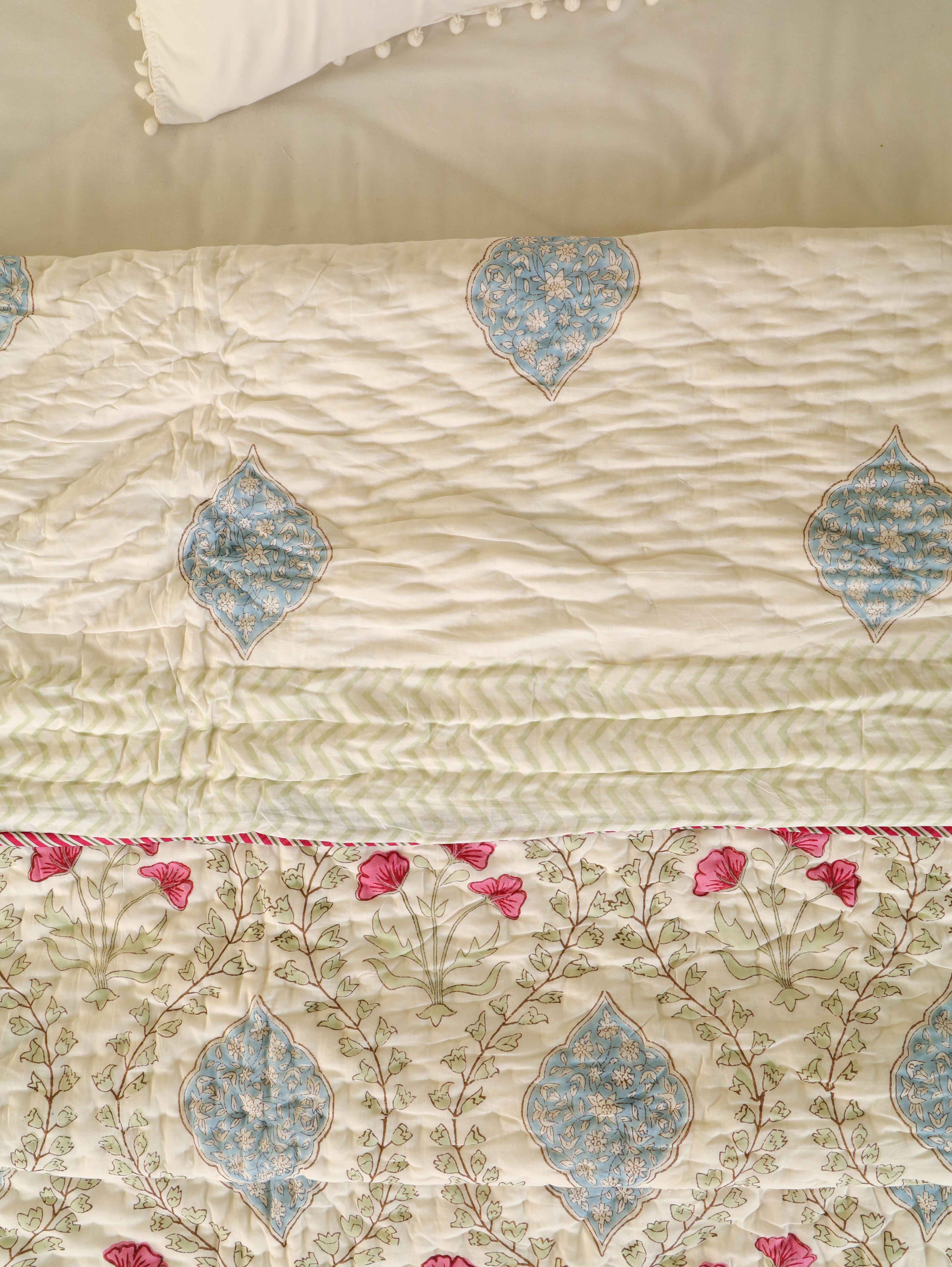 Hand Block Printed Reversible Jaipuri Quilt By Jaipur Hastkar