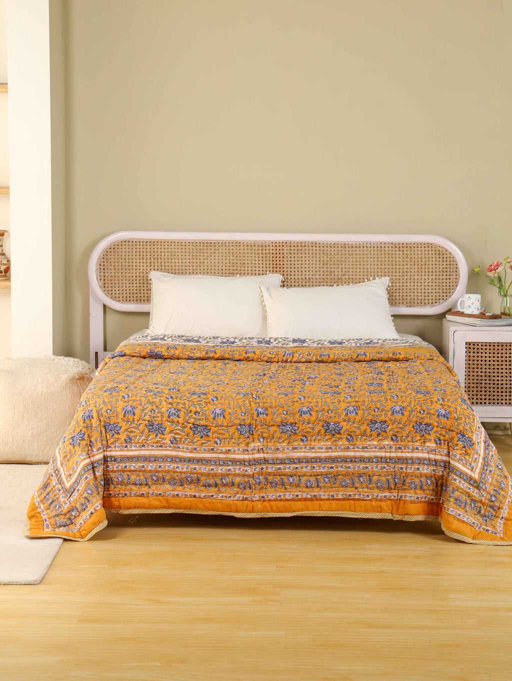DARK GOLDEN MEHRAB HAND BLOCK PRINT REVERSIBLE COTTON QUILT/RAZAI