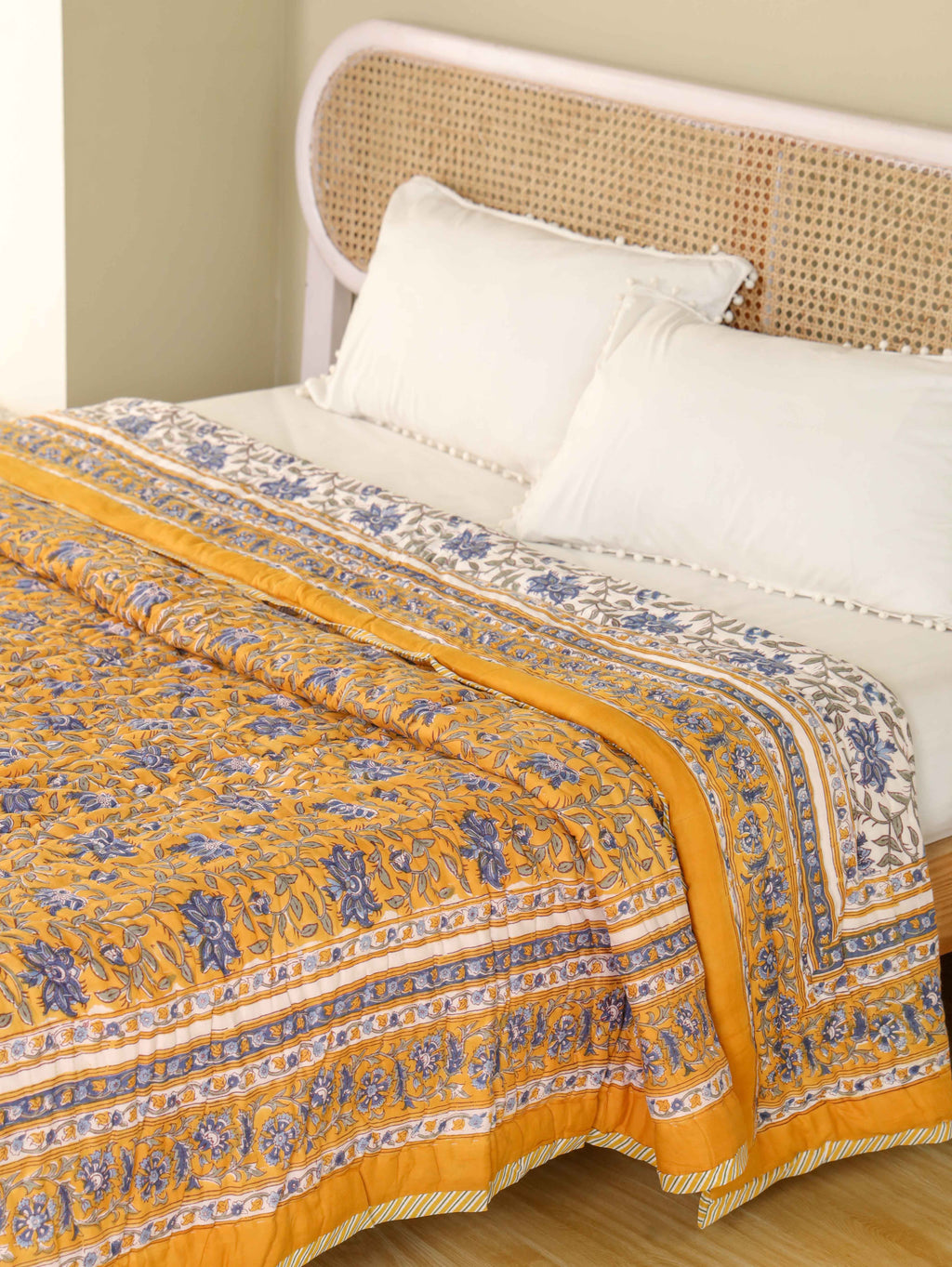 DARK GOLDEN MEHRAB HAND BLOCK PRINT REVERSIBLE COTTON QUILT/RAZAI