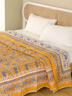DARK GOLDEN MEHRAB HAND BLOCK PRINT REVERSIBLE COTTON QUILT/RAZAI