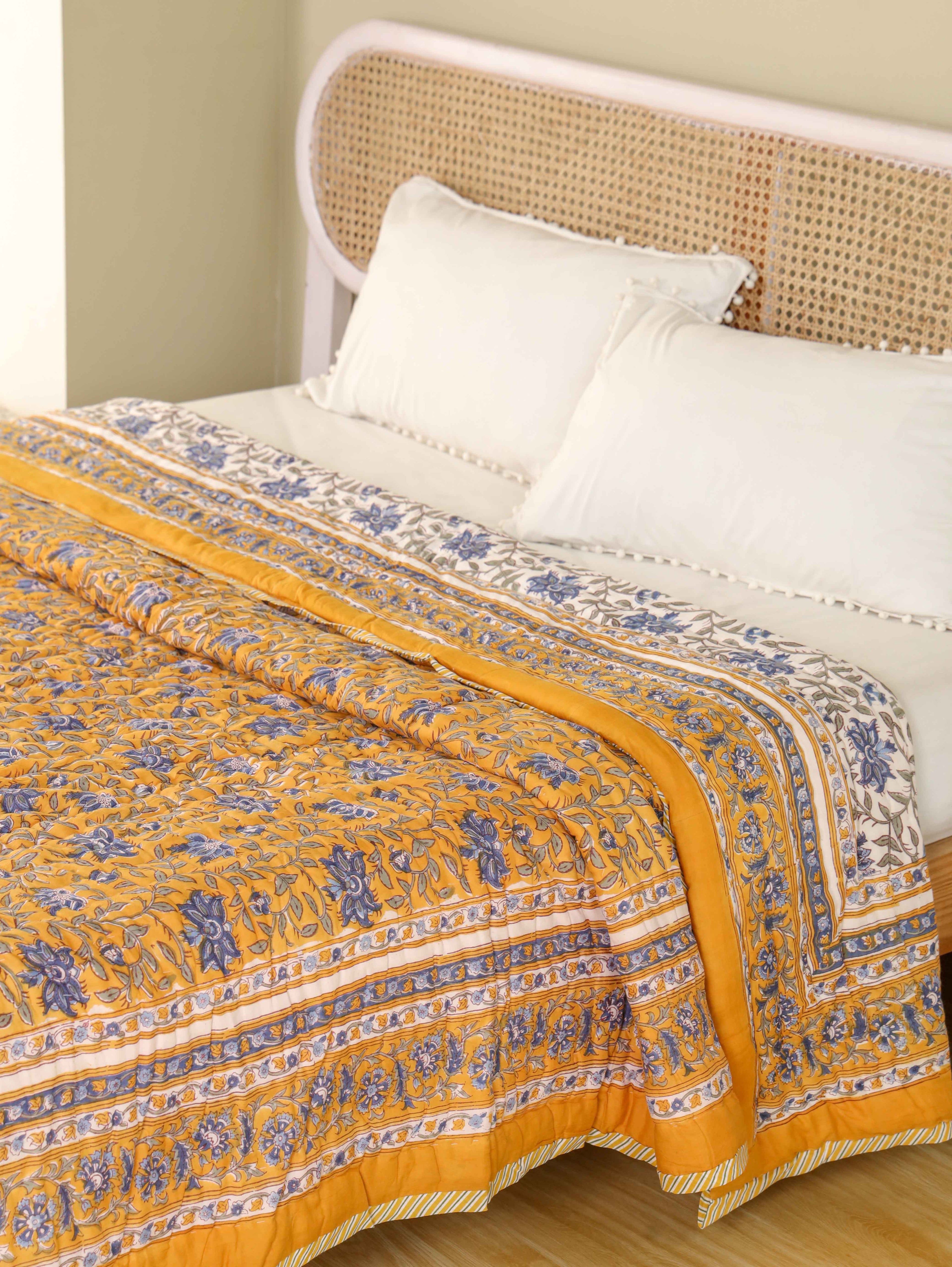 DARK GOLDEN MEHRAB HAND BLOCK PRINT REVERSIBLE COTTON QUILT/RAZAI