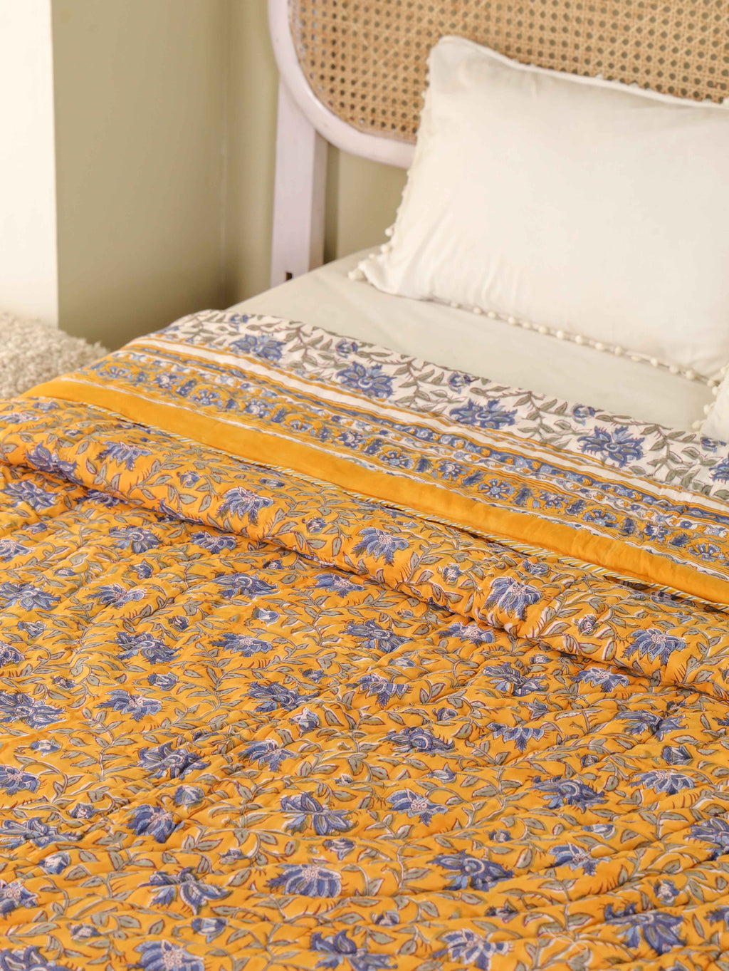 DARK GOLDEN MEHRAB HAND BLOCK PRINT REVERSIBLE COTTON QUILT/RAZAI
