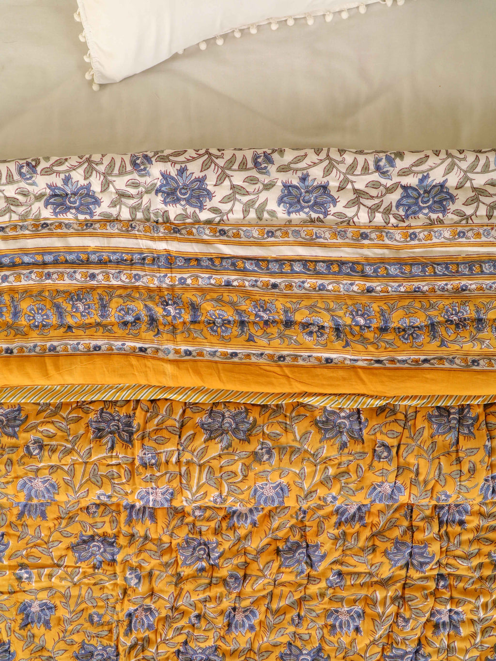 DARK GOLDEN MEHRAB HAND BLOCK PRINT REVERSIBLE COTTON QUILT/RAZAI
