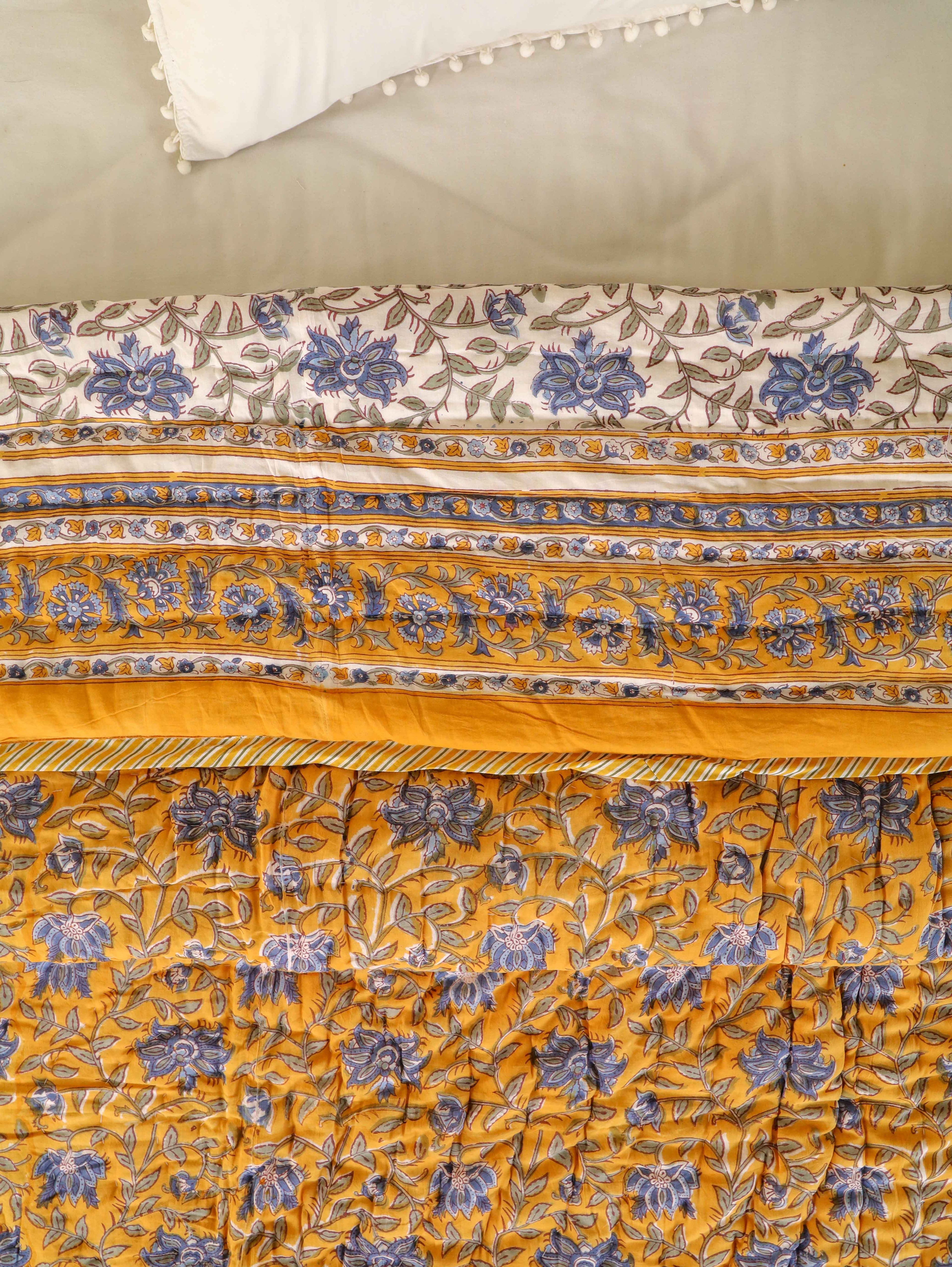 DARK GOLDEN MEHRAB HAND BLOCK PRINT REVERSIBLE COTTON QUILT/RAZAI