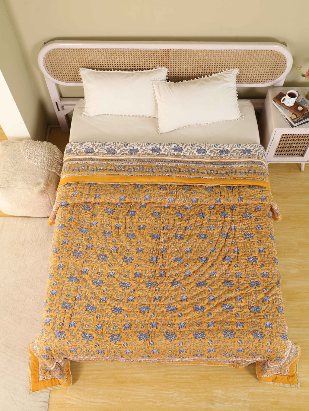 DARK GOLDEN MEHRAB HAND BLOCK PRINT REVERSIBLE COTTON QUILT/RAZAI