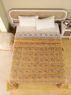 DARK GOLDEN MEHRAB HAND BLOCK PRINT REVERSIBLE COTTON QUILT/RAZAI