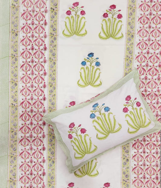 Bagaan Butta Hand Block Print Jaipuri Cotton Bedsheet With Two Reversible Pillow Cover