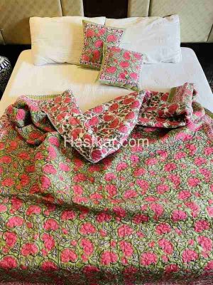 Kelly Dark Green Lotus Block Printed Jaipuri AC Comforter