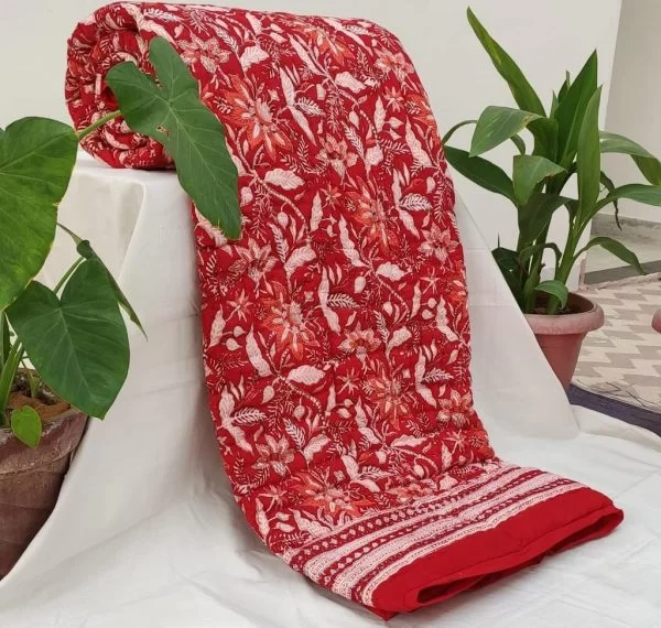 Red Ratna jaal Hand Block Print Reversible Hand Quilted Jaipuri Razai (Quilt)