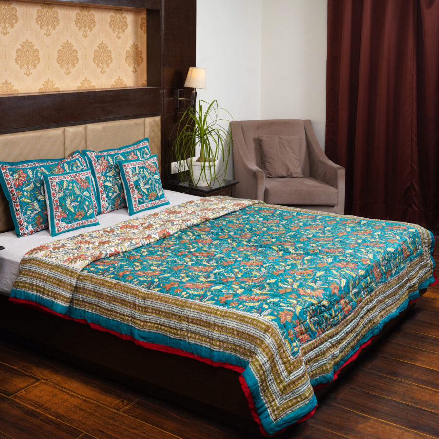 Pacific Green Ratana Hand Block Print Reversible Jaipuri Razai / Quilt At Jaipur Hastkar