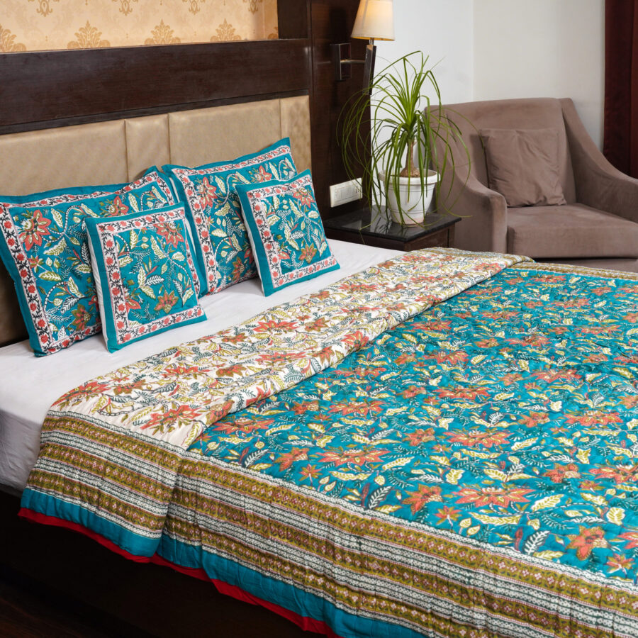 Pacific Green Ratana Hand Block Print Reversible Jaipuri Razai / Quilt At Jaipur Hastkar