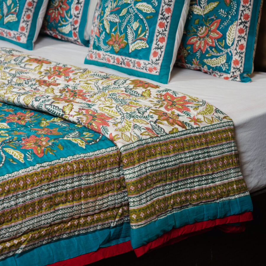 Pacific Green Ratana Hand Block Print Reversible Jaipuri Razai / Quilt At Jaipur Hastkar